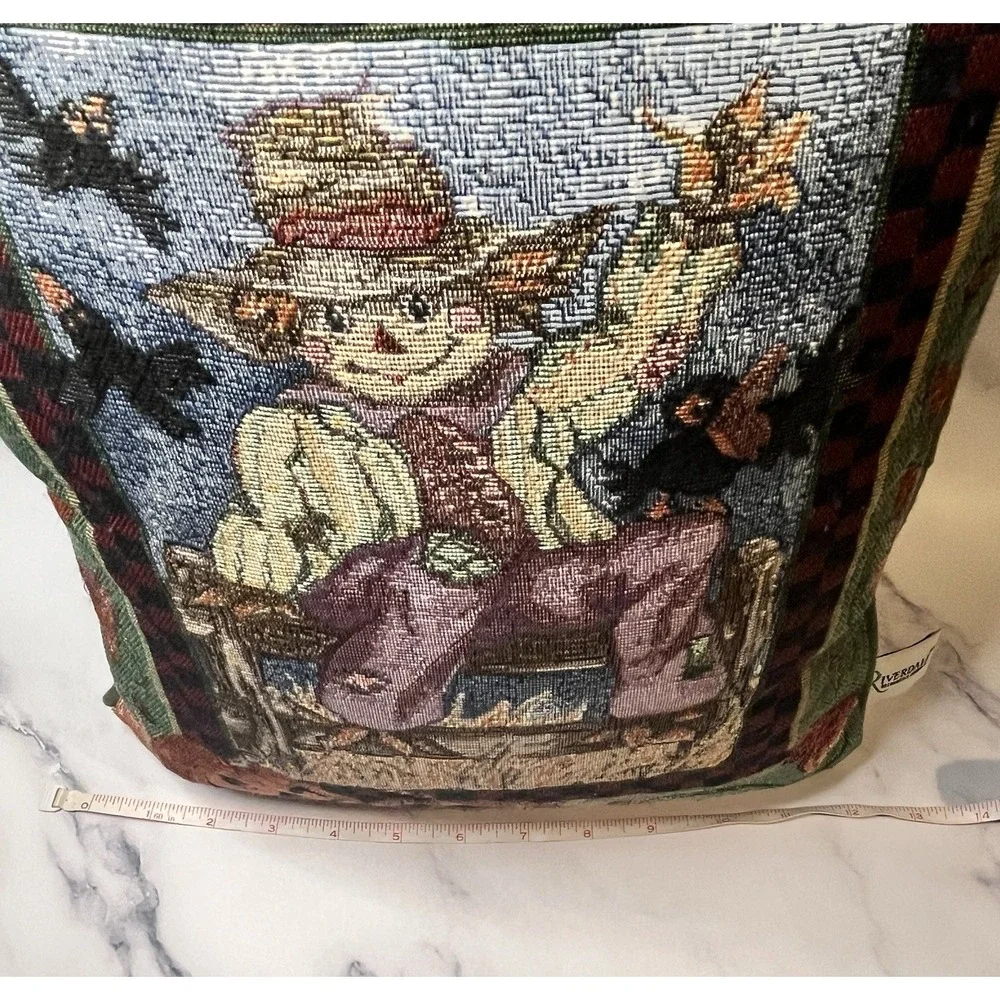 VTG Decorative Halloween Tapestry Throw Pillow Scarecrow Pumpkins Black Birds